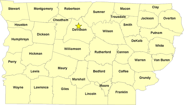 Middle Tennessee Counties Map 